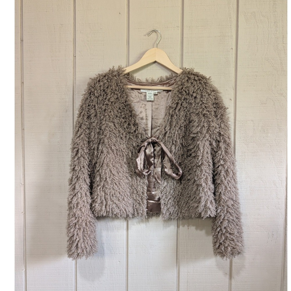 Vintage Y2K Taupe Shaggy Faux Fur Cropped Jacket Ribbon Tie Bolero